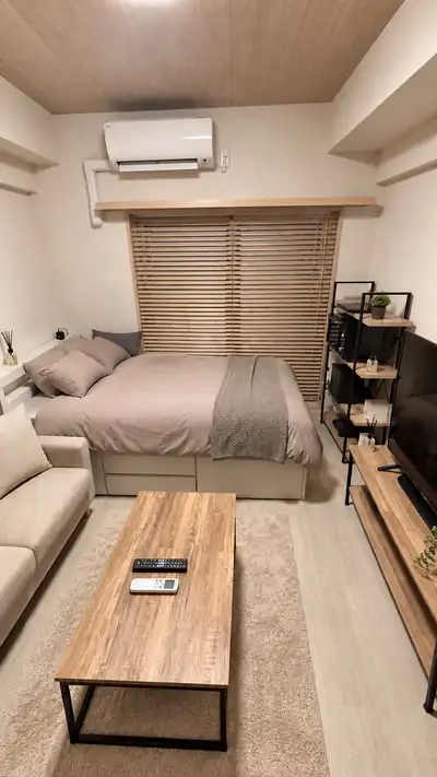 LOWYAのホワイトグレインの木目調ブラインドを付けた1Kの部屋